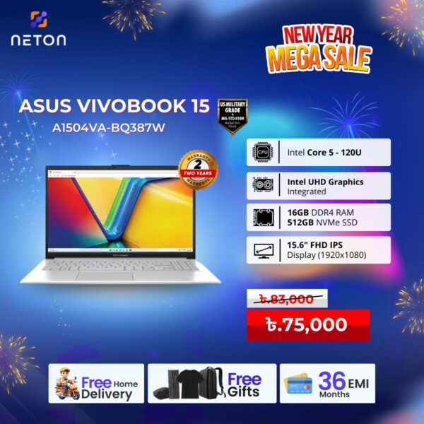 ASUS Vivobook 15 A1504VA-BQ387W Intel Core 5 120U 16GB RAM 512GB SSD 15.6″ FHD Display Laptop
