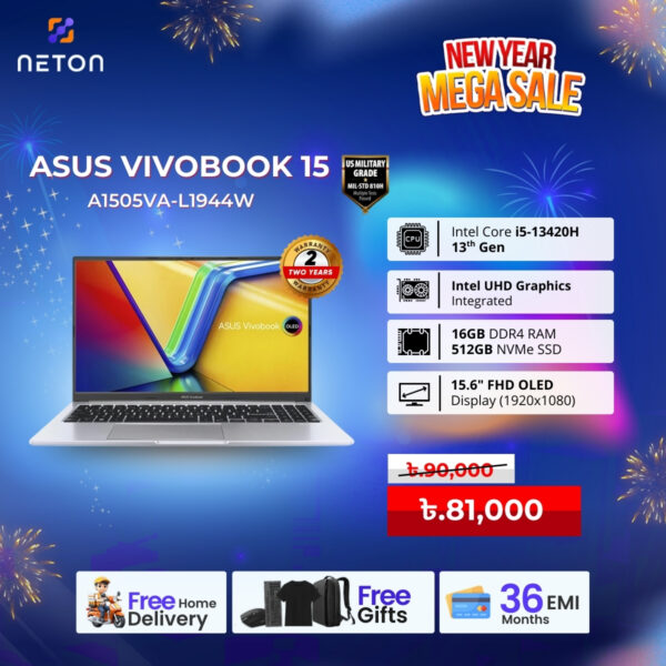ASUS Vivobook 15 OLED A1505VA-L1944W 13th Gen Core-i5 16GB RAM 512GB SSD 15.6″ OLED Display Laptop