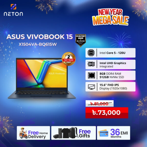 ASUS Vivobook 15 X1504VA-BQ615W Intel Core 5 120U 8GB RAM 512GB SSD 15.6″ FHD Display Laptop