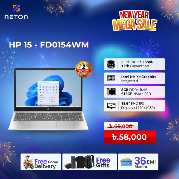 HP 15-FD0154WM Laptop Intel Core i5-1334U 8GB RAM 512GB SSD 15.6″ FHD IPS Display