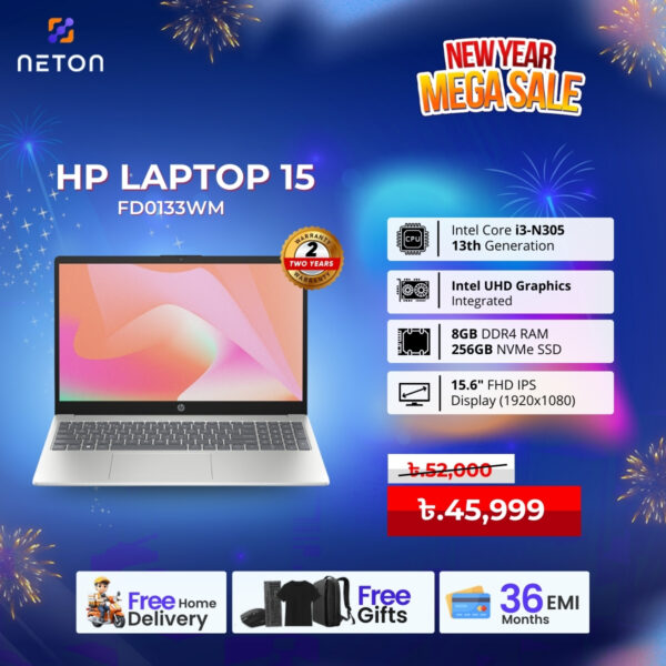 HP Laptop 15-FD0133WM Intel Core i3-N305 8GB RAM 256GB SSD 15.6” FHD IPS Display