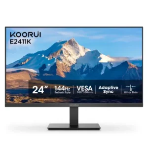 KOORUI E2411K gaming monitor featuring a 23.8-inch FHD IPS panel, 144Hz refresh rate, 99% sRGB color coverage, Adaptive Sync and VESA mounting support.